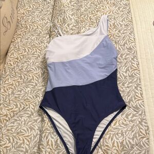 Asymmetrical One Shoulder White and Blue One Piece Swimsuit